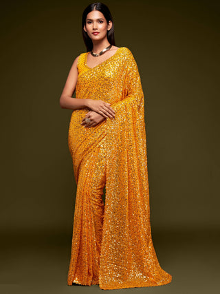 Lovely Honey Yellow Sequined Georgette Party Wear Saree ClothsVilla