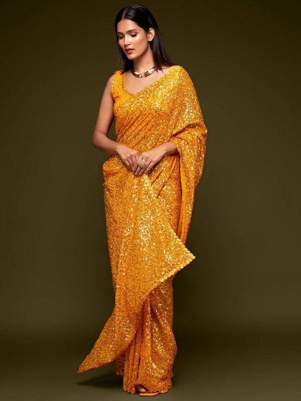 Lovely Honey Yellow Sequined Georgette Party Wear Saree ClothsVilla