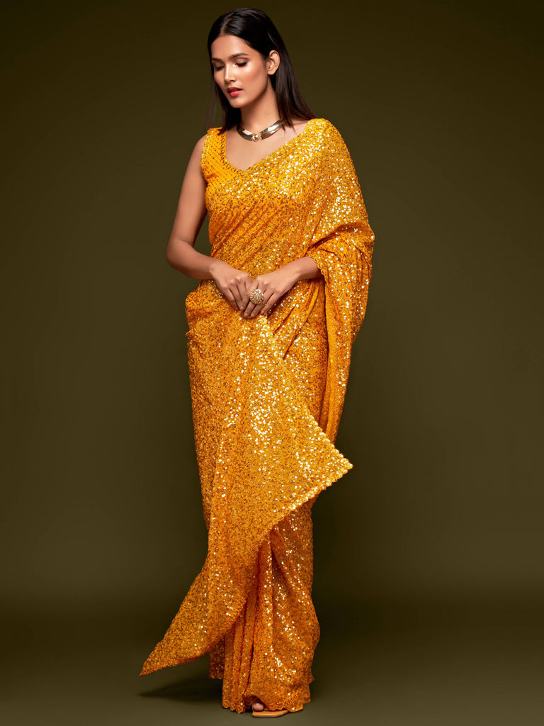 Lovely Honey Yellow Sequined Georgette Party Wear Saree ClothsVilla