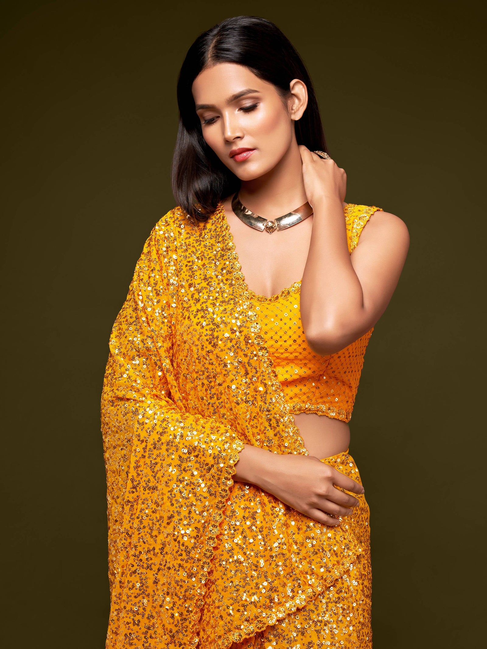 Lovely Honey Yellow Sequined Georgette Party Wear Saree ClothsVilla