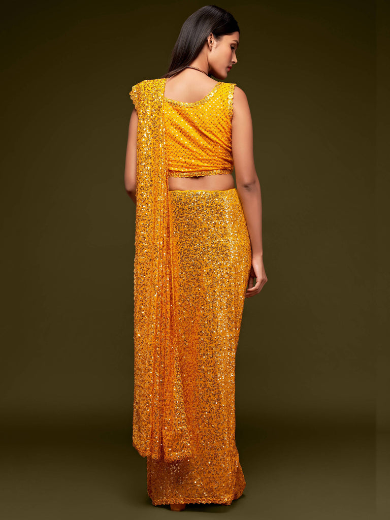 Lovely Honey Yellow Sequined Georgette Party Wear Saree - Cl