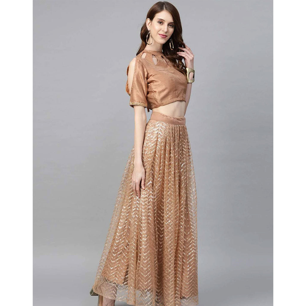 Peach color Net Lehenga with Heavy Embroidery, Zari and Thread work ClothsVilla