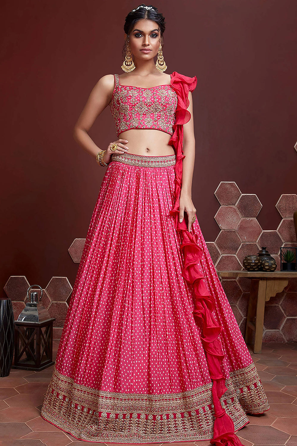 Impressive Pink Digital Print Chinnon Silk Engagement Wear Lehenga Choli ClothsVilla Main image