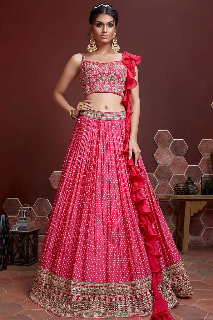 Pink Colour Silk Fabric Designer Lehenga Choli With Weaving Work.
