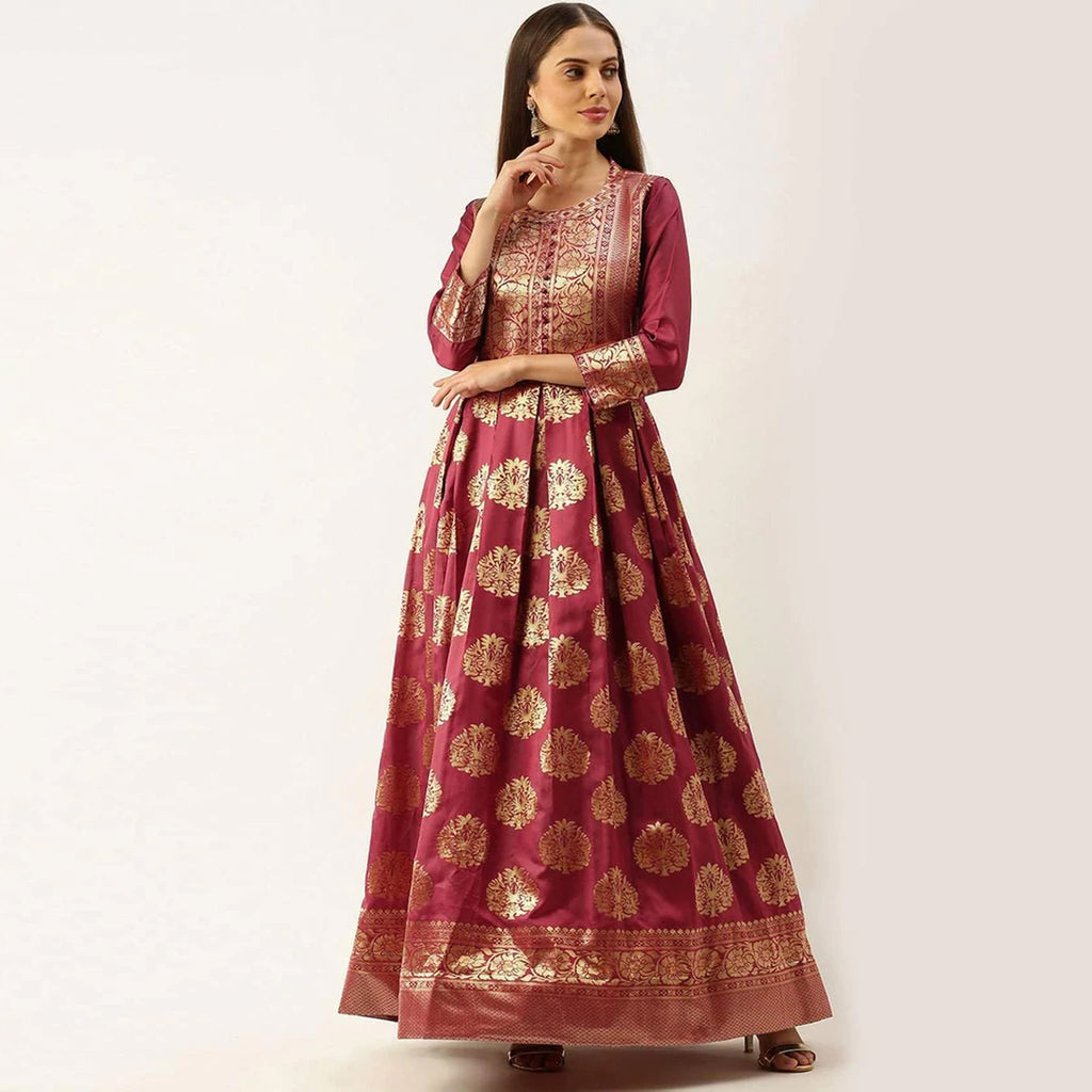 Maroon Color Soft Silk Box Cut Style Ready to Wear Gown ClothsVilla