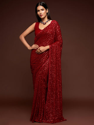 Hot Ruby Red Sequined Georgette Party Wear Saree ClothsVilla