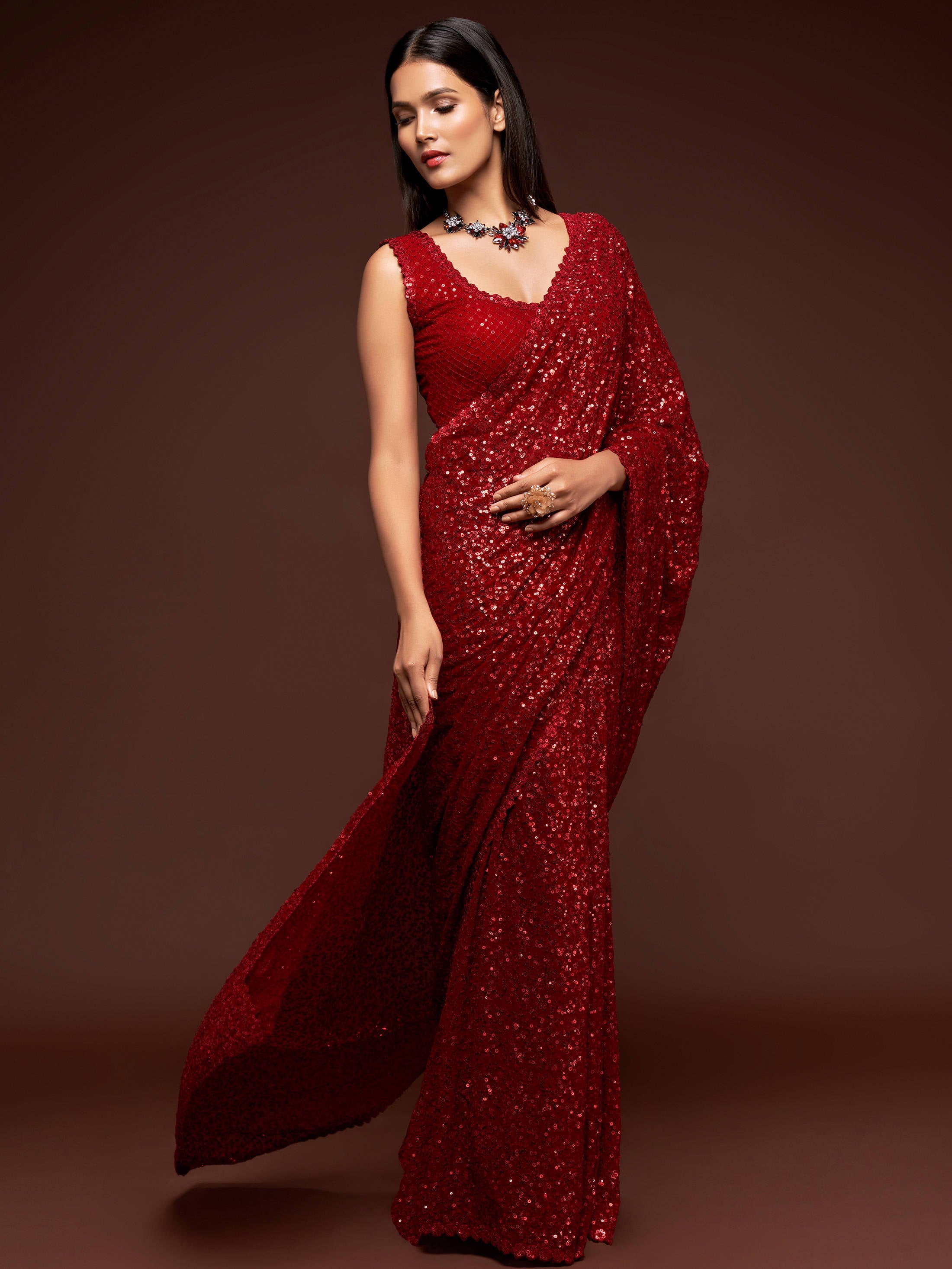Hot Ruby Red Sequined Georgette Party Wear Saree Secondary image