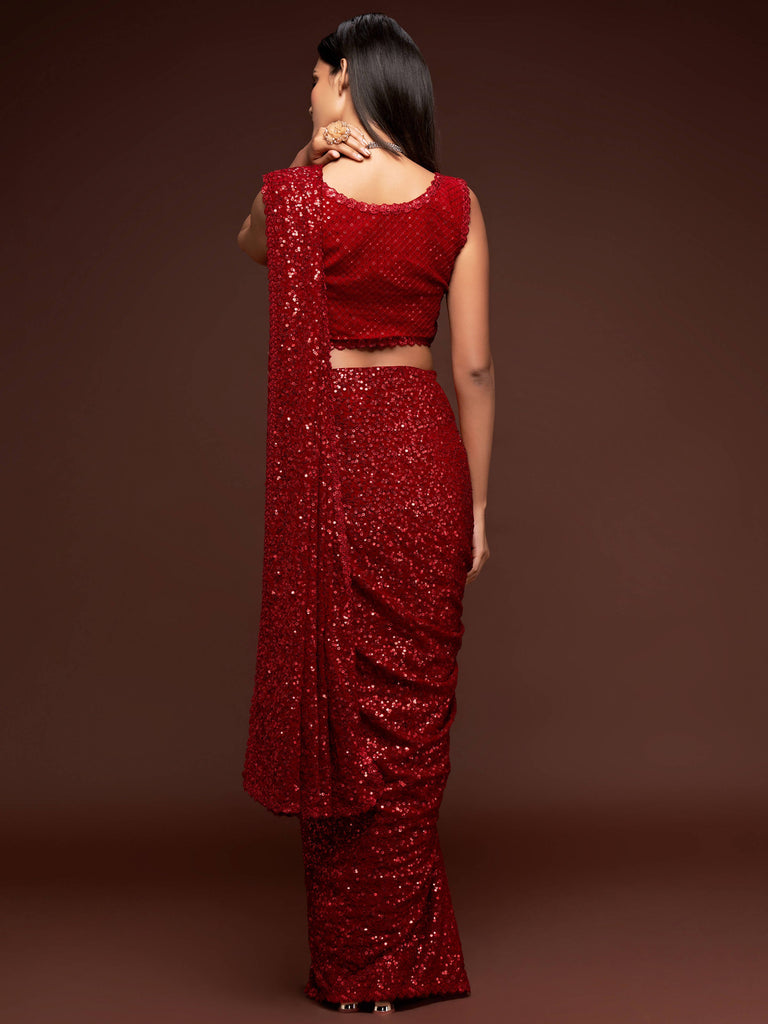 Hot Ruby Red Sequined Georgette Party Wear Saree ClothsVilla