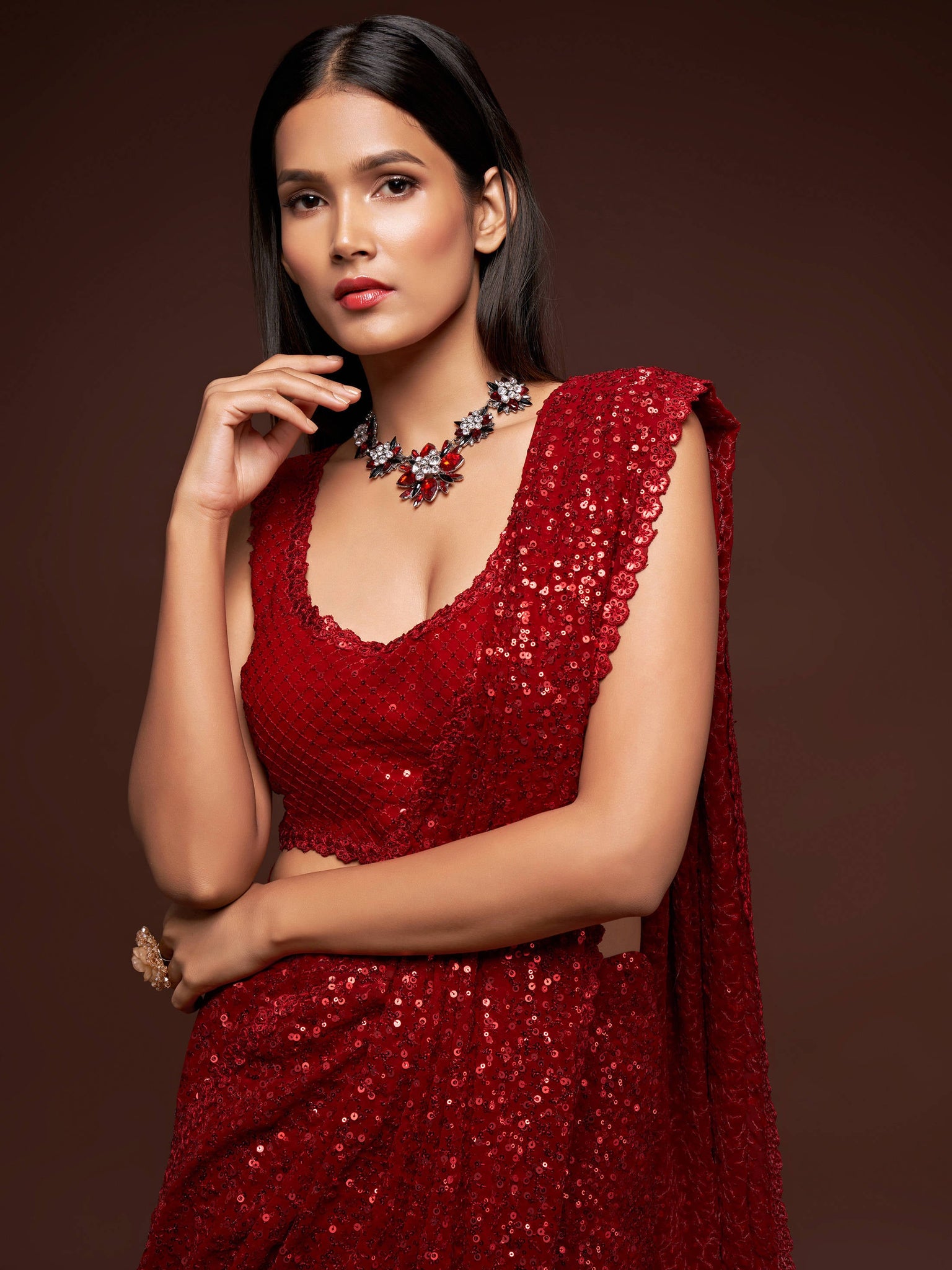 Bhumika Sharma  Ruby Red Saree With Bralette  Belt  INDIASPOPUPCOM