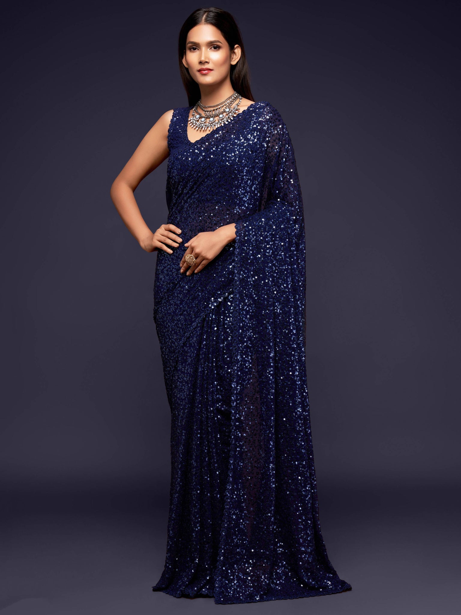Pure Georgette Saree With Embroidery Pearl Work With Embroidery Blouse for  Indian USA Weeding Women Party Wear Saree Royal Blue Saree 