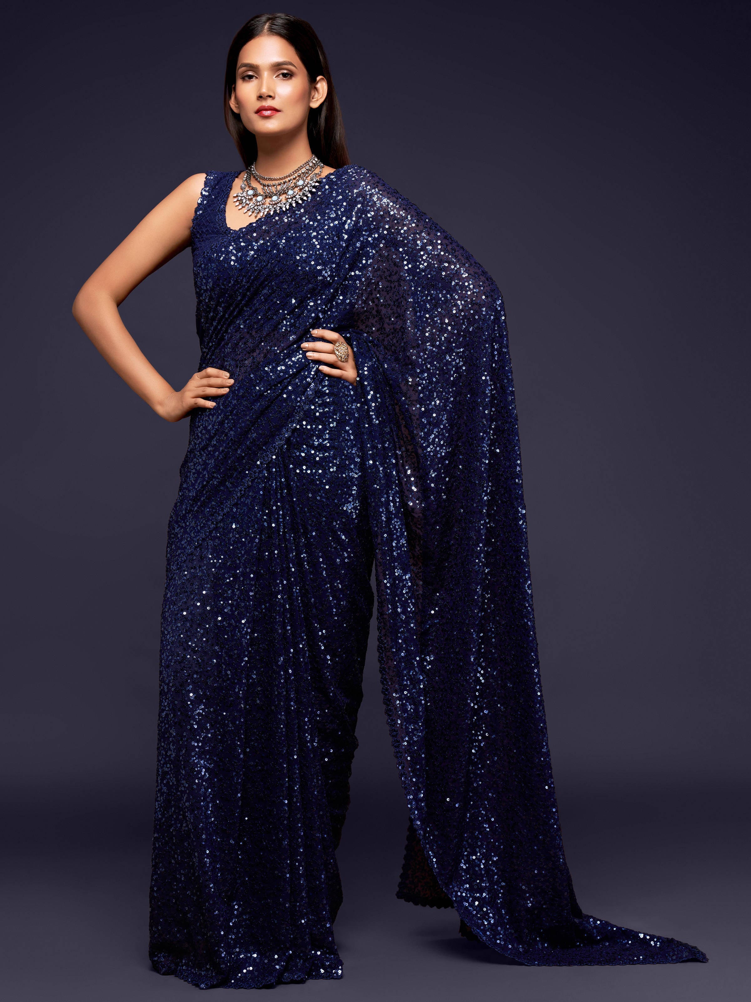 Pretty Blush Blue Sequined Georgette Party Wear Saree Secondary image