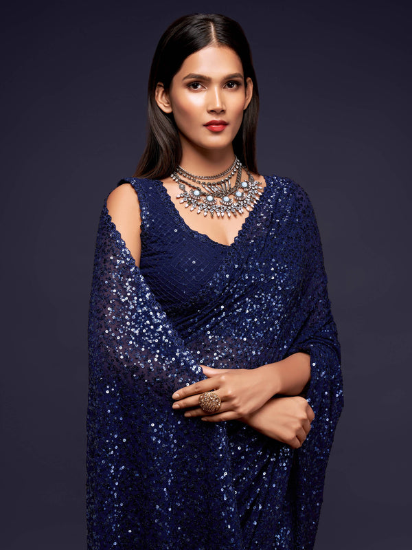 Pretty Blush Blue Sequined Georgette Party Wear Saree ClothsVilla