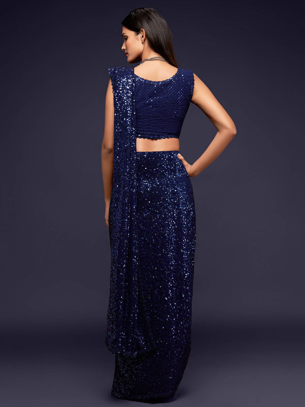 Pretty Blush Blue Sequined Georgette Party Wear Saree ClothsVilla