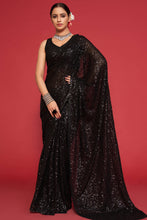 Load image into Gallery viewer, Adorable Black Sequined Georgette Party Wear Saree ClothsVilla
