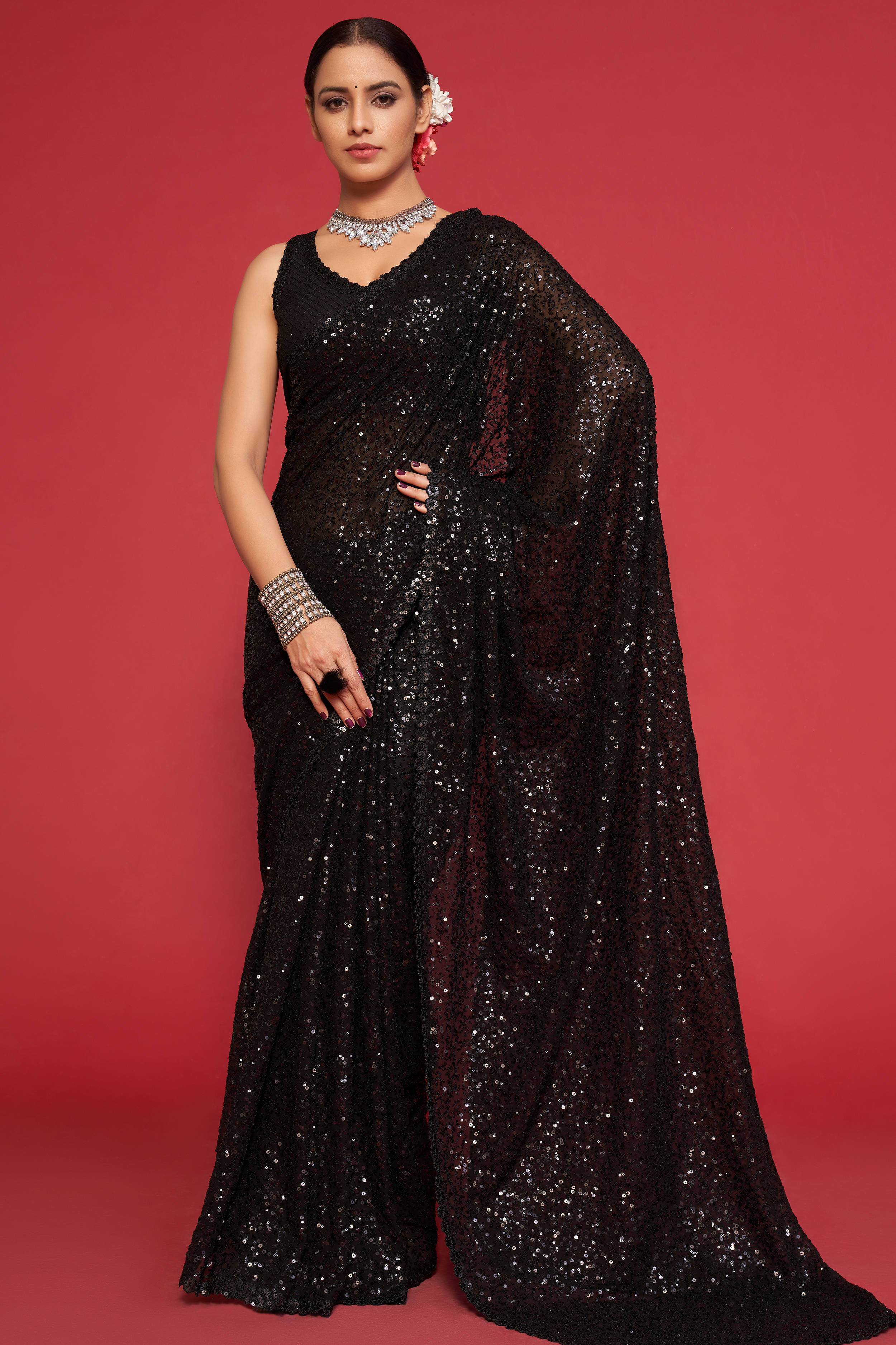 Adorable Black Sequined Georgette Party Wear Saree