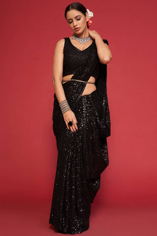 Adorable Black Sequined Georgette Party Wear Saree ClothsVilla