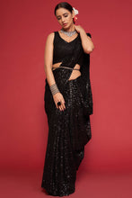 Load image into Gallery viewer, Adorable Black Sequined Georgette Party Wear Saree ClothsVilla