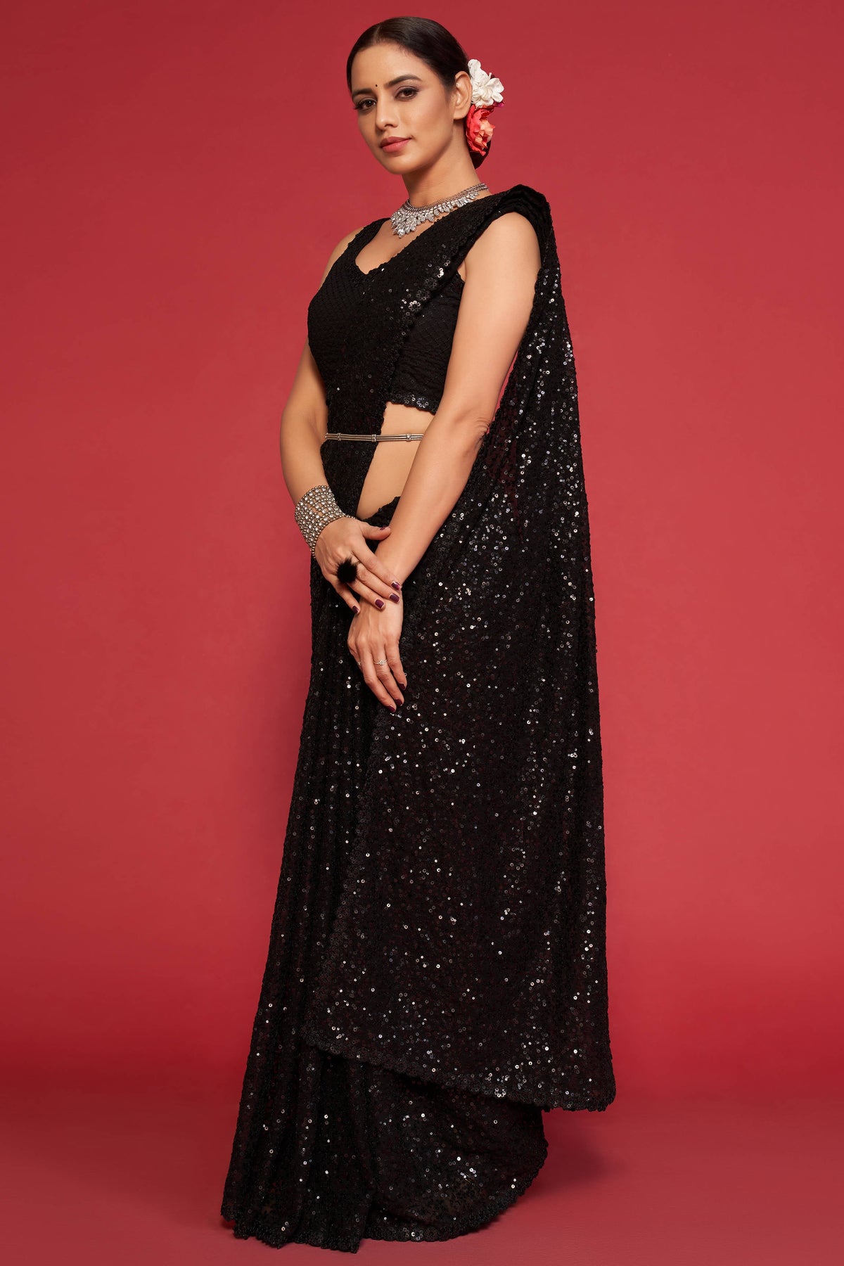 Adorable Black Sequined Georgette Party Wear Saree ClothsVilla