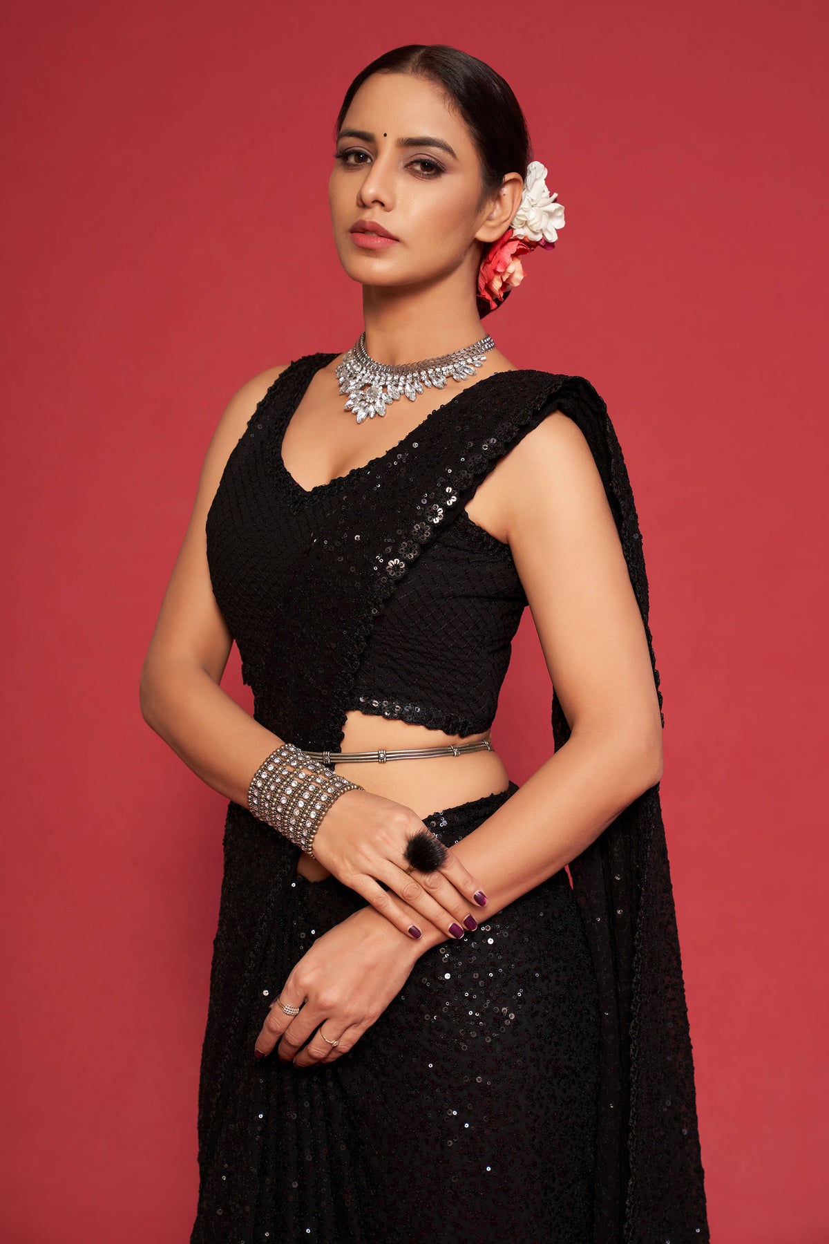 Adorable Black Sequined Georgette Party Wear Saree ClothsVilla