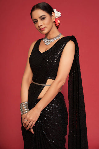 Adorable Black Sequined Georgette Party Wear Saree ClothsVilla