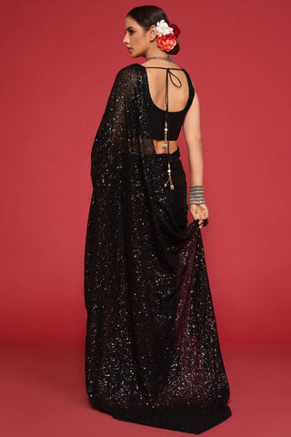 Adorable Black Sequined Georgette Party Wear Saree ClothsVilla
