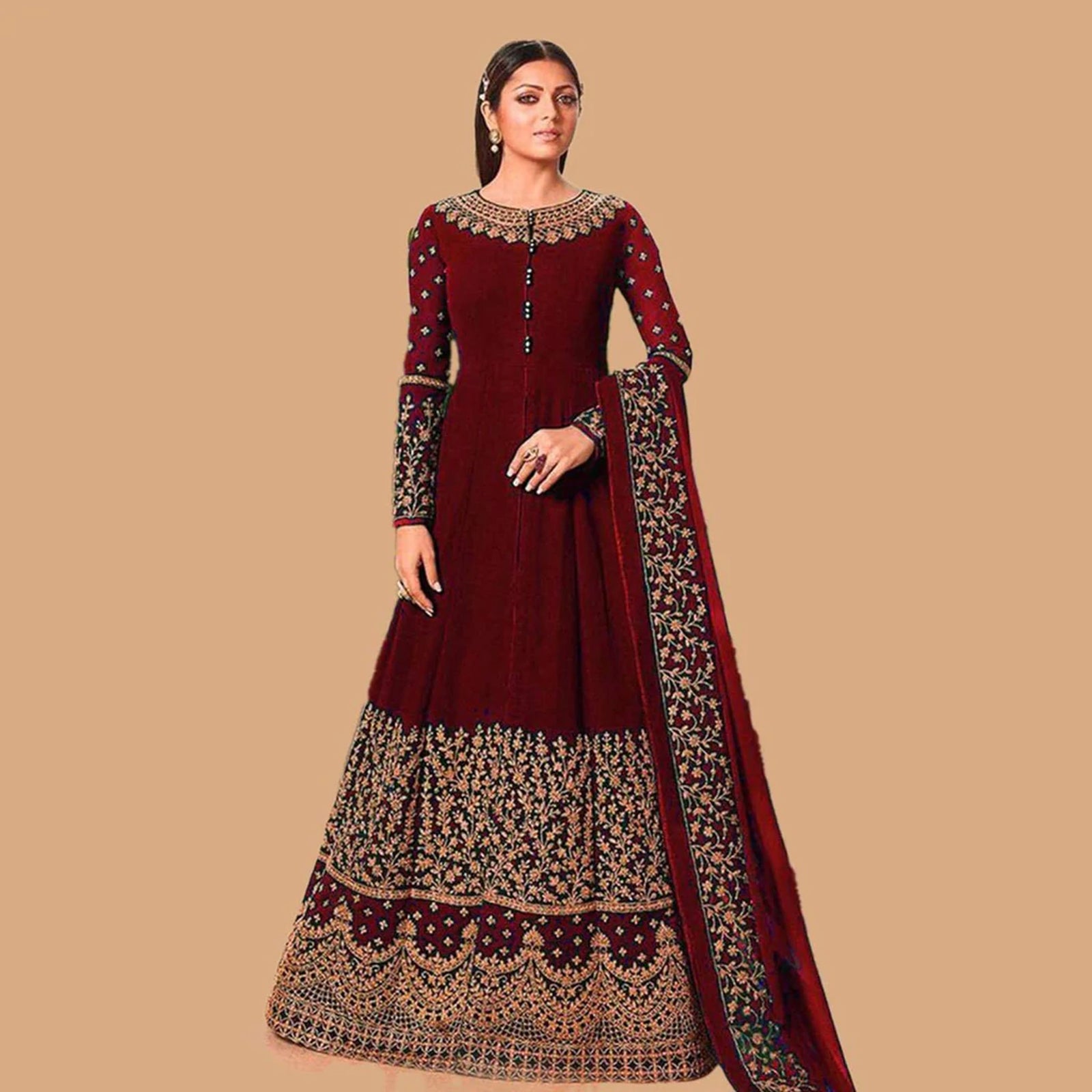 Maroon Designer Georgette Gown with Heavy Embroidery Work ClothsVilla