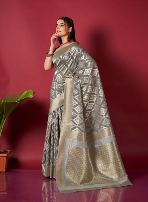 Muskaan Linen Ikkat Woven Saree Dusty Grey Clothsvilla Main image
