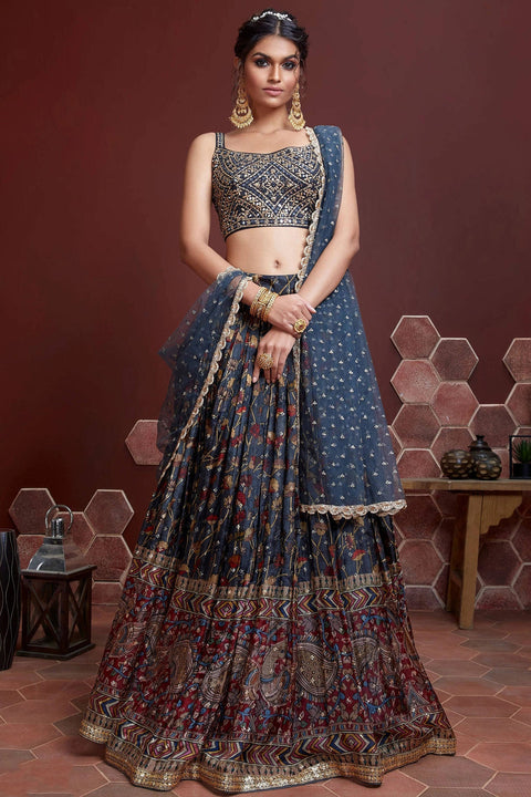 Navy Blue Printed Chinnon Silk Lehenga With Mirror Work Choli Clothsvilla Main image