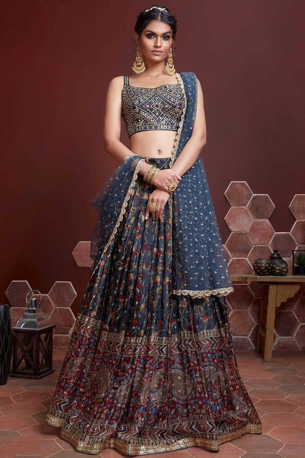 Navy Blue Printed Chinnon Silk Lehenga With Mirror Work Choli Clothsvilla