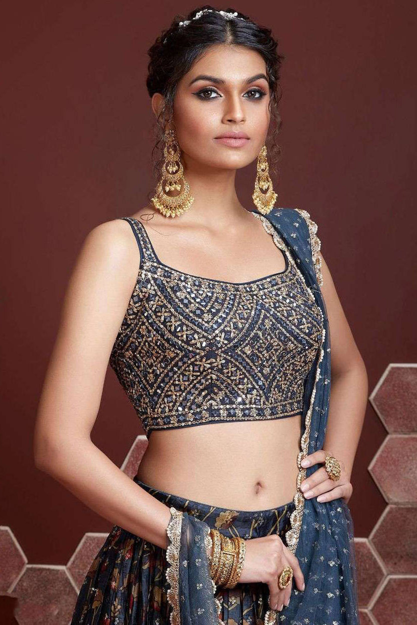 Navy Blue Printed Chinnon Silk Lehenga With Mirror Work Choli Secondary image