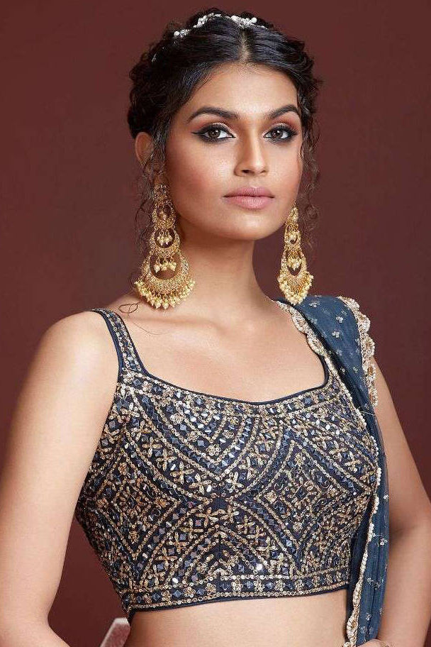 Navy Blue Printed Chinnon Silk Lehenga With Mirror Work Choli Clothsvilla