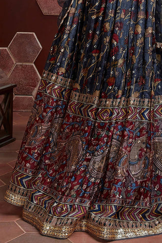 Navy Blue Printed Chinnon Silk Lehenga With Mirror Work Choli Clothsvilla