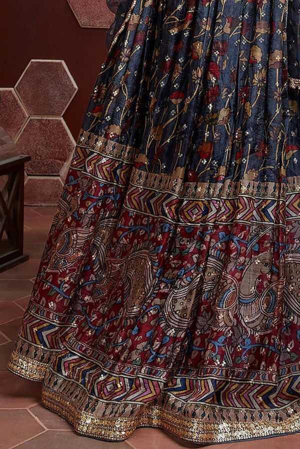 Navy Blue Printed Chinnon Silk Lehenga With Mirror Work Choli Clothsvilla