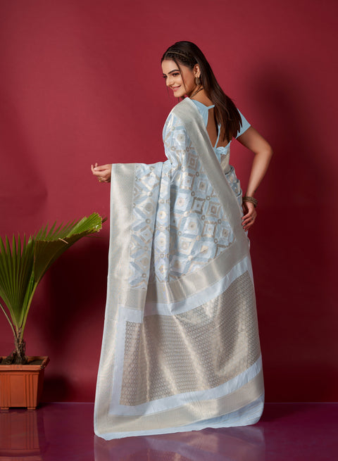 Muskaan Linen Ikkat Woven Saree Sky Blue Clothsvilla Main image