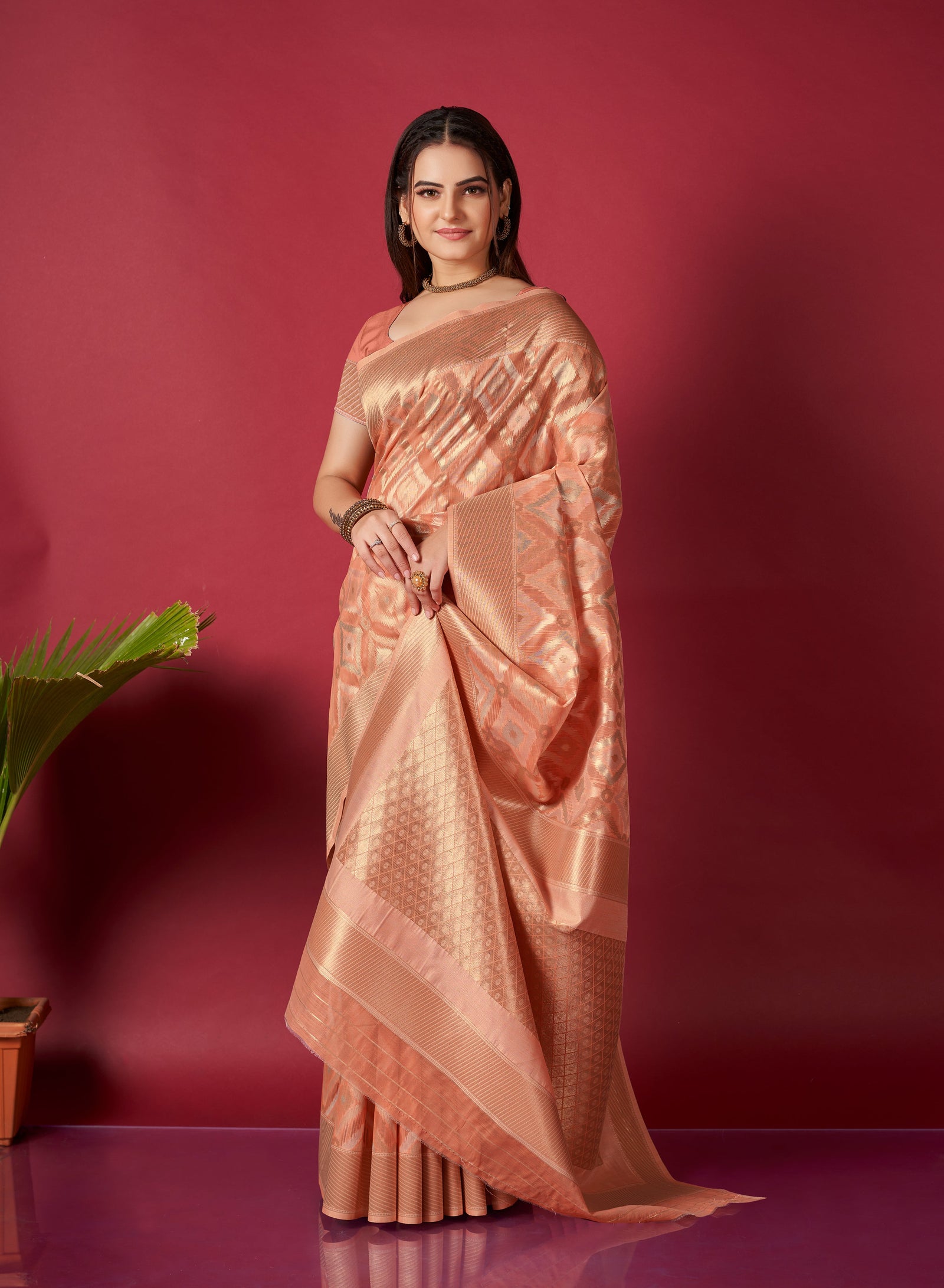 Muskaan Linen Ikkat Woven Saree Peach Clothsvilla