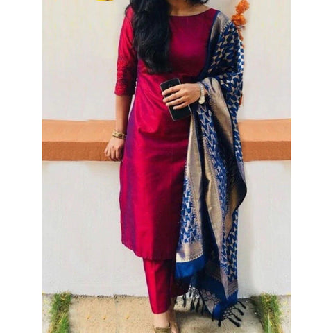 Maroon Silk Salwar Suit with Pure Banarasi Silk Dupatta ClothsVilla Main image