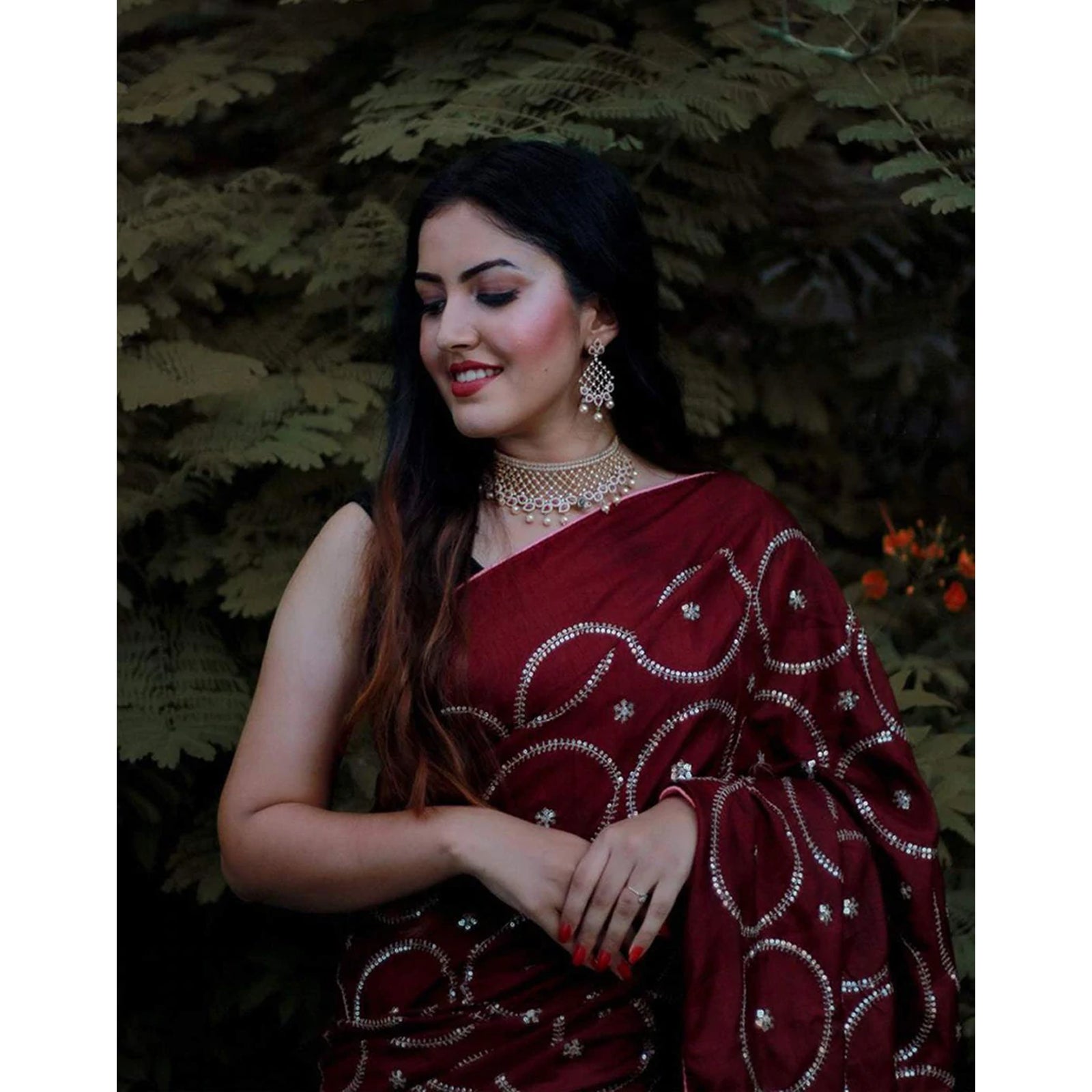 Maroon Silk Saree with Beautiful Circle Sequence Work and Silk Blouse for Wedding ClothsVilla