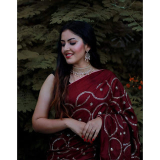 Maroon Silk Saree with Beautiful Circle Sequence Work and Silk Blouse for Wedding ClothsVilla