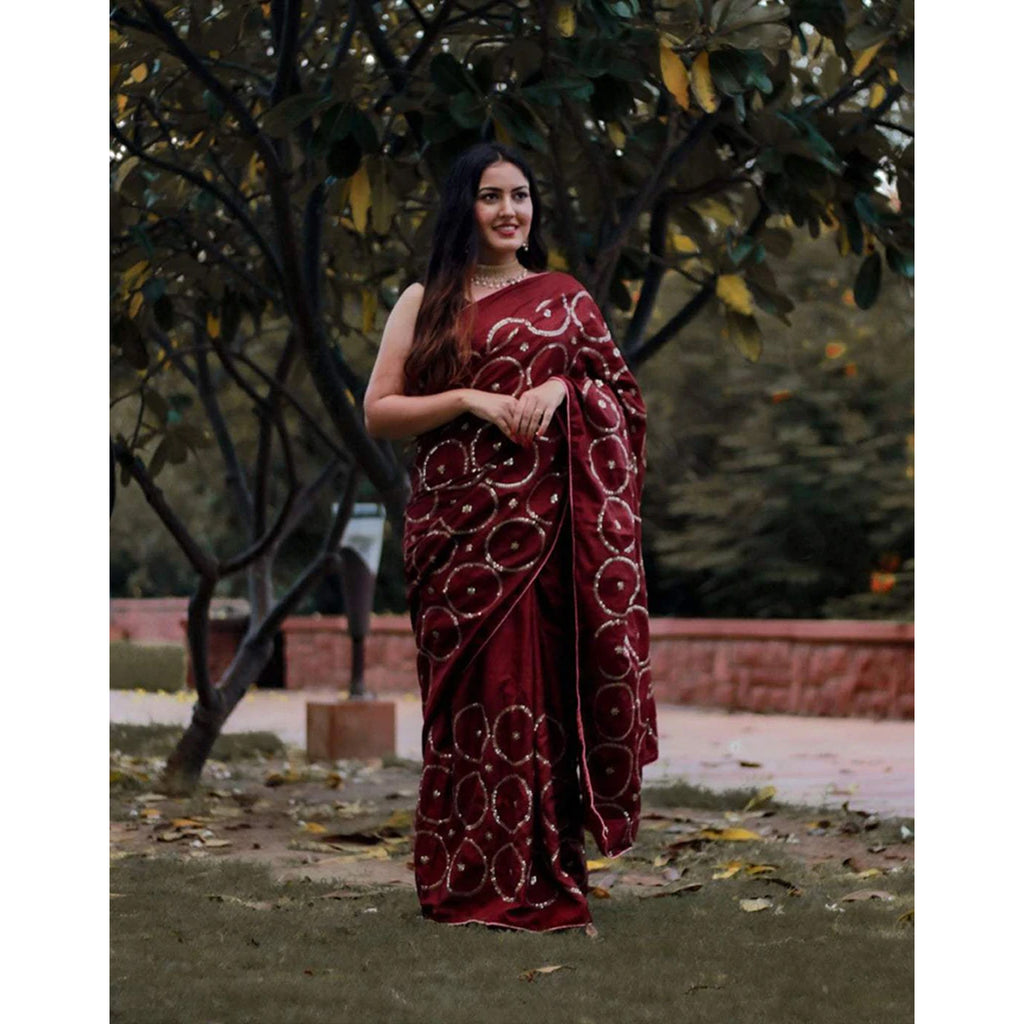 Maroon Silk Saree with Beautiful Circle Sequence Work and Silk Blouse for Wedding ClothsVilla