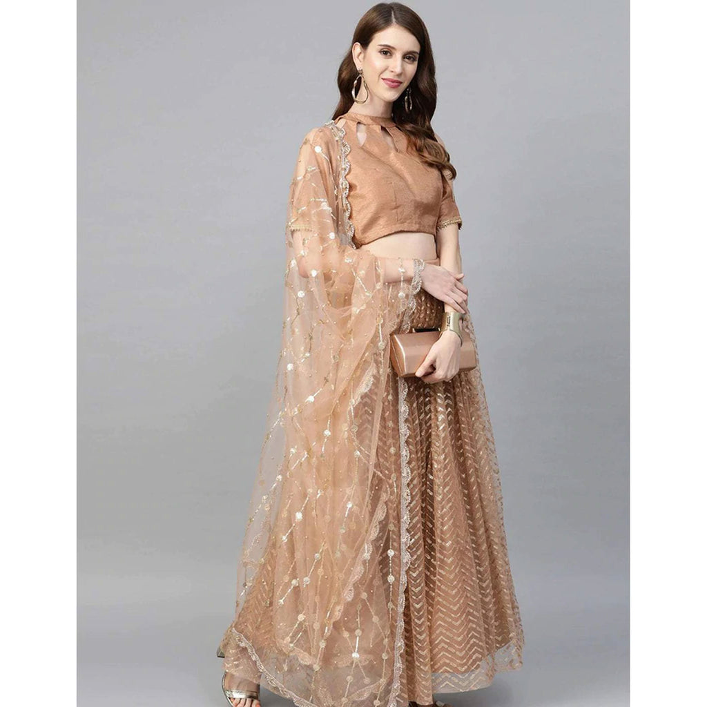 Peach color Net Lehenga with Heavy Embroidery, Zari and Thread work ClothsVilla