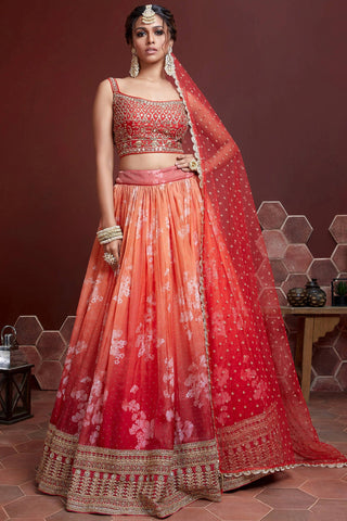 Fabulous Orange Digital Print Organza Silk Engagement Wear Lehenga Choli ClothsVilla