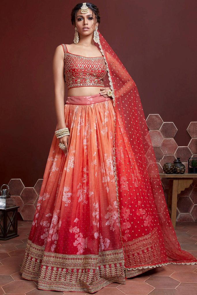 Fabulous Orange Digital Print Organza Silk Engagement Wear L Fabulous Orange Digital Print Organza Silk Engagement Wear L