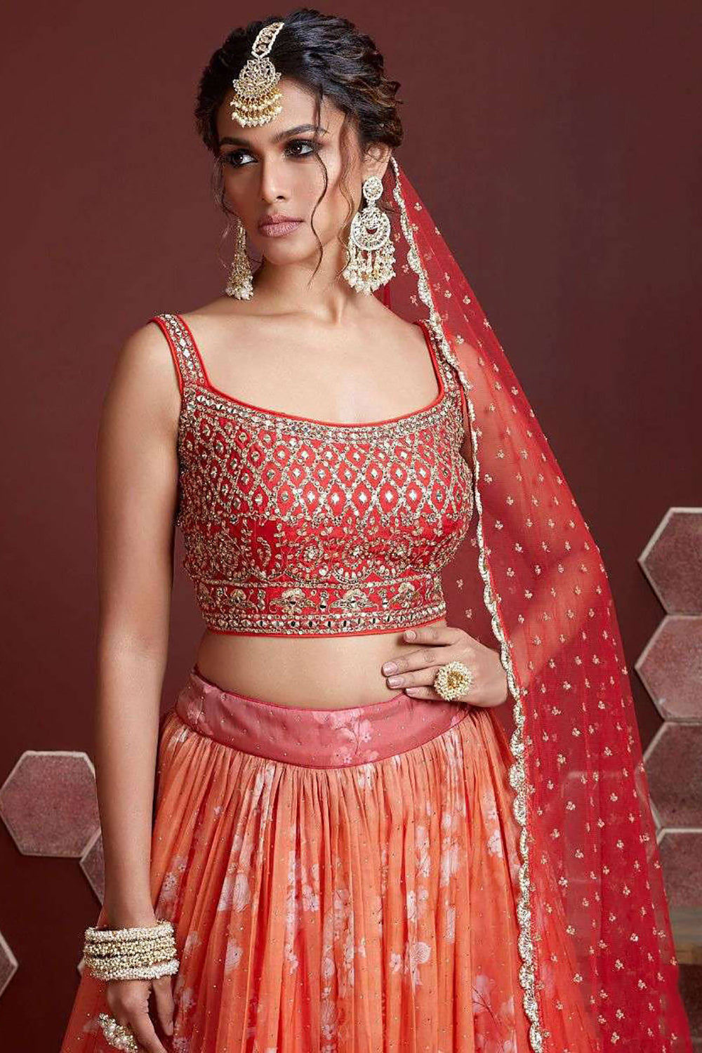 Fabulous Orange Digital Print Organza Silk Engagement Wear Lehenga Choli ClothsVilla