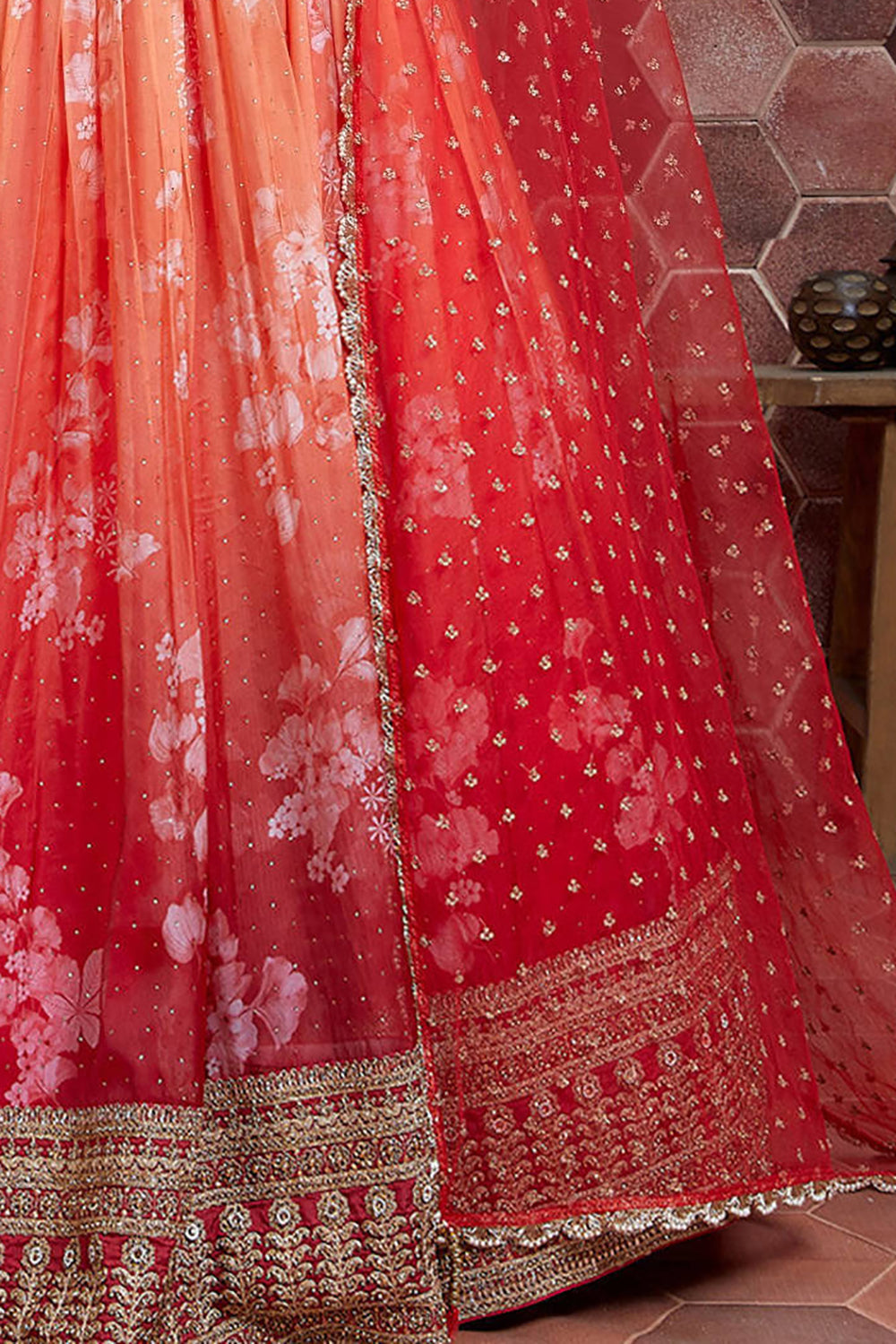 Fabulous Orange Digital Print Organza Silk Engagement Wear Lehenga Choli ClothsVilla