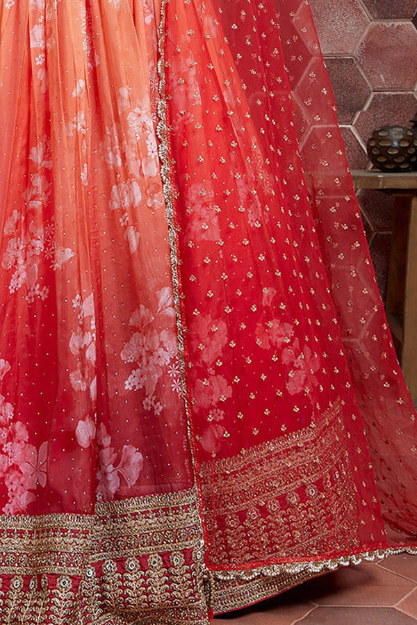 Fabulous Orange Digital Print Organza Silk Engagement Wear Lehenga Choli ClothsVilla