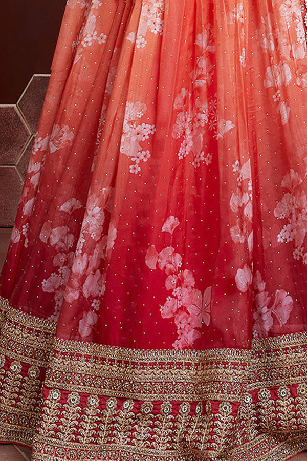 Fabulous Orange Digital Print Organza Silk Engagement Wear Lehenga Choli ClothsVilla