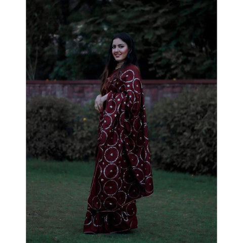 Maroon Silk Saree with Beautiful Circle Sequence Work and Silk Blouse for Wedding ClothsVilla Main image