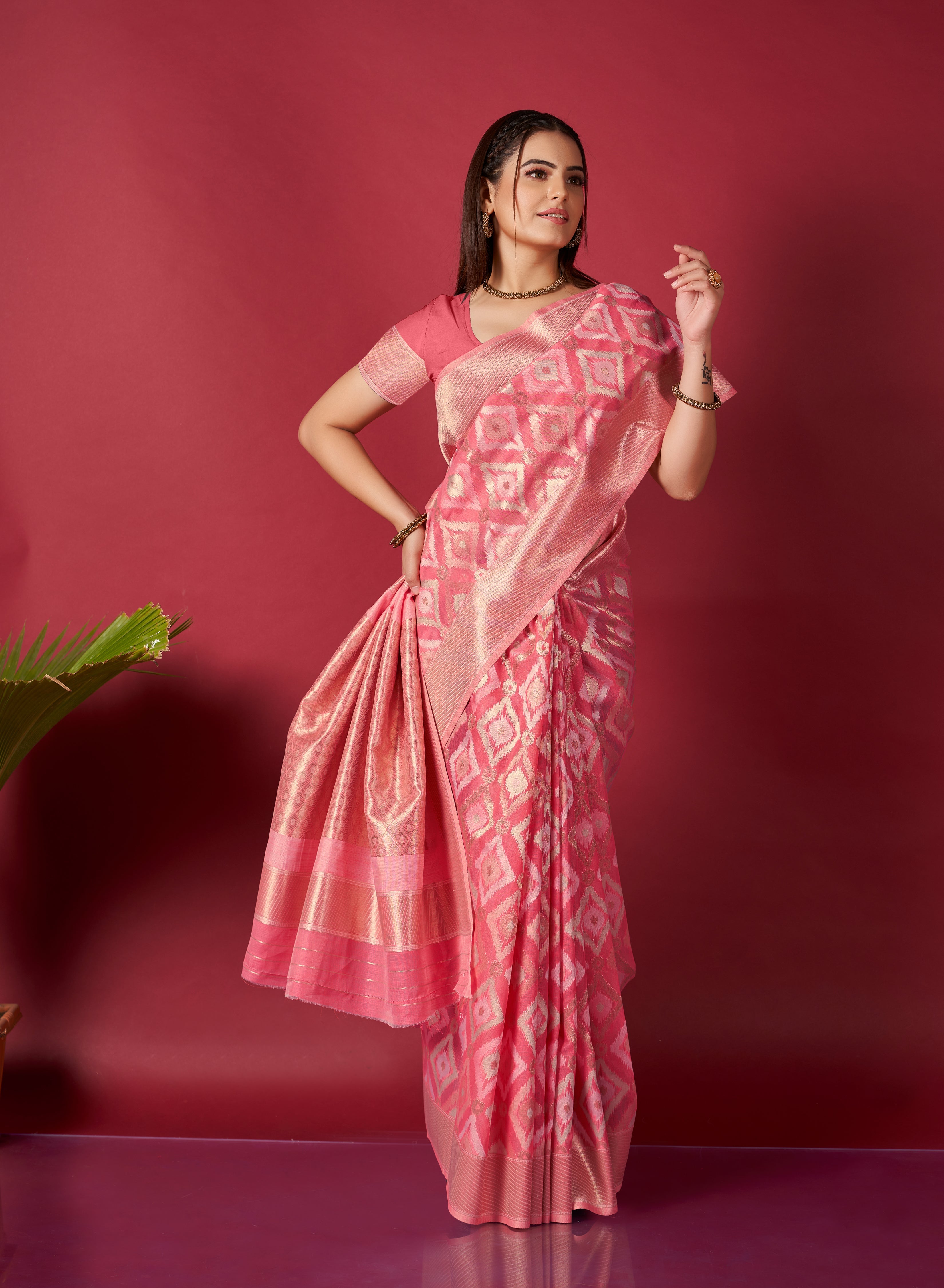 Muskaan Linen Ikkat Woven Saree Dark Pink Clothsvilla