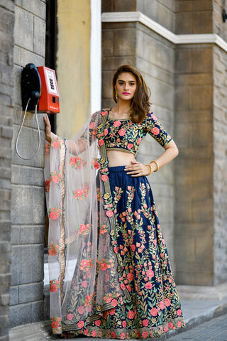 Delightful Navy Blue Silk Resham Embroidery Lehenga Choli ClothsVilla