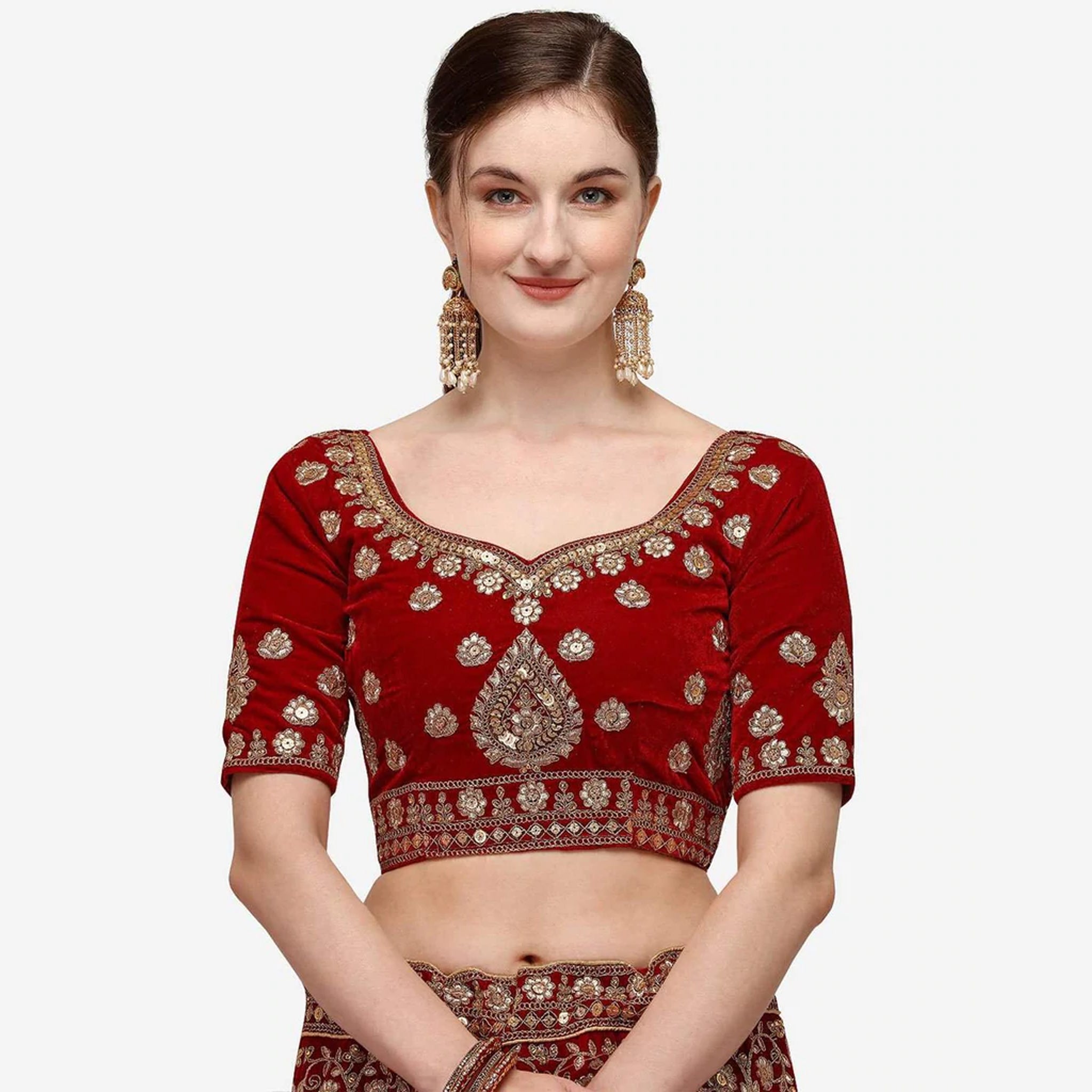 Buy Dusty-Sky Sequins Embroidered Velvet Lehenga Choli At Ethnic Plus